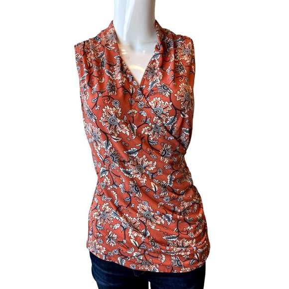 41 Hawthorn Women Faux Wrap Blouse Top Stretch Floral WGK10300 Orange Size Small - Picture 1 of 8